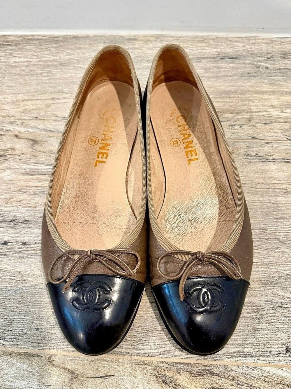 Chanel Cap Toe Ballet Flats in Soft Brown & Black Patent - Size 38